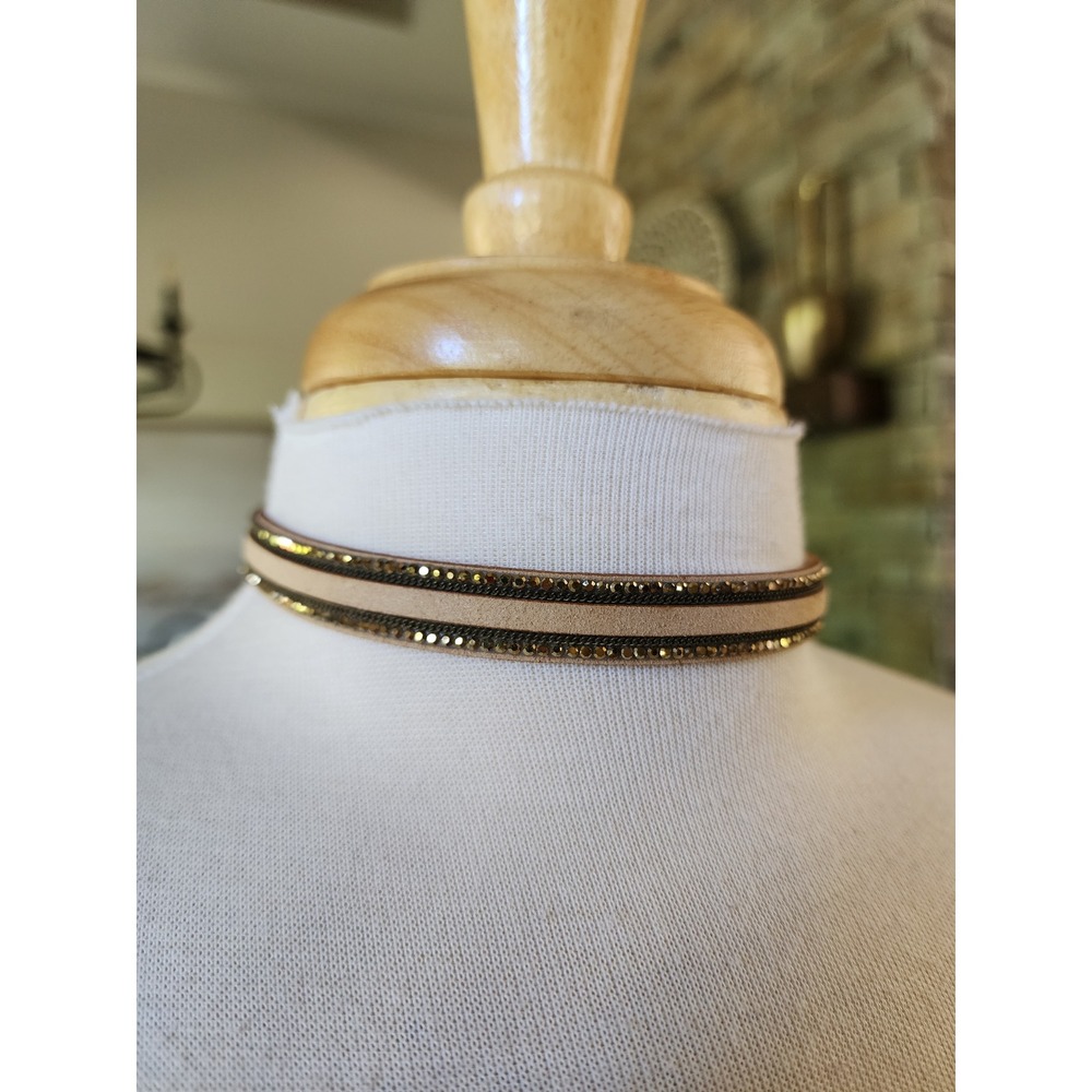 Y2K Tan Suede Choker Necklace Gold Chain Trim Studded Boho Western Snap Closure